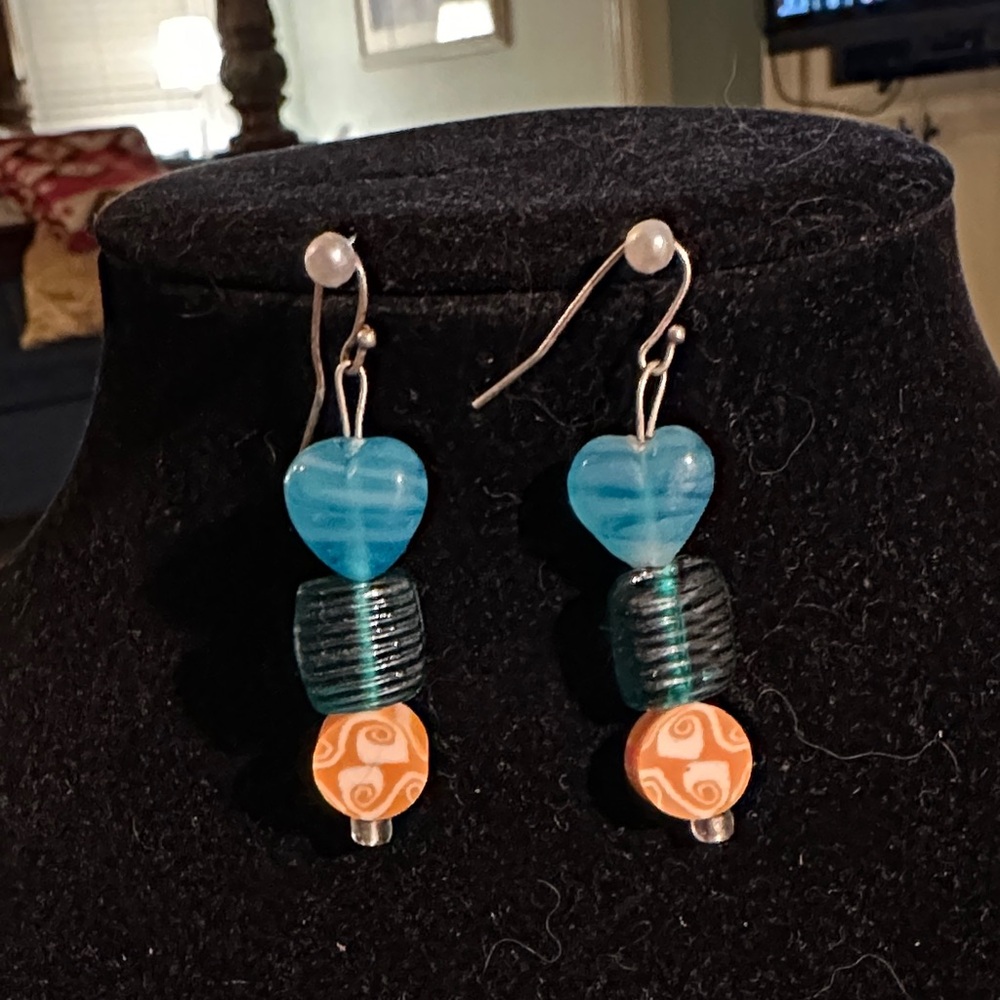 Handmade Blue Heart and Orange Beaded Earrings